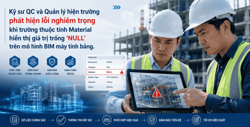 Kỹ sư QC và Quản lý hiện trường phát hiện lỗi nghiêm trọng khi trường thuộc tính Material hiển thị giá trị trống 'NULL' trên mô hình BIM