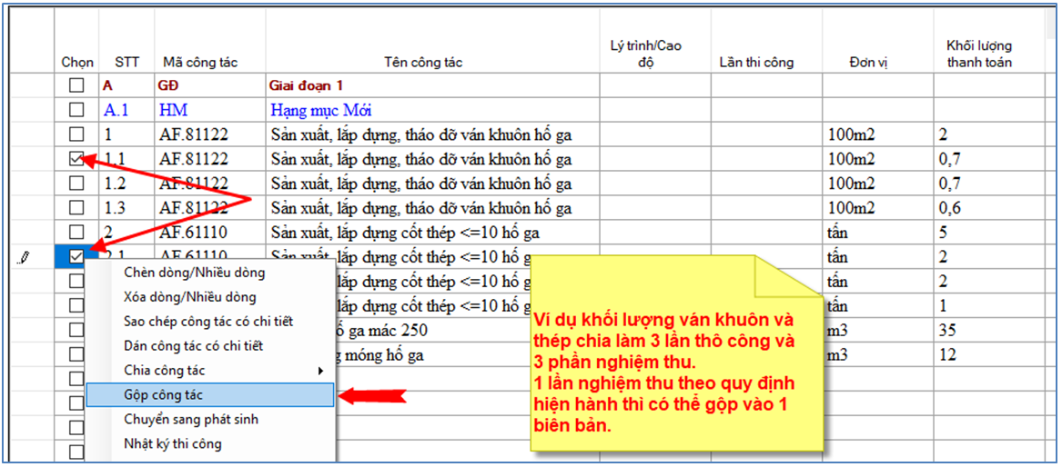 Thao tác chọn và gộp các công tác nghiệm thu trong cùng hạng mục.