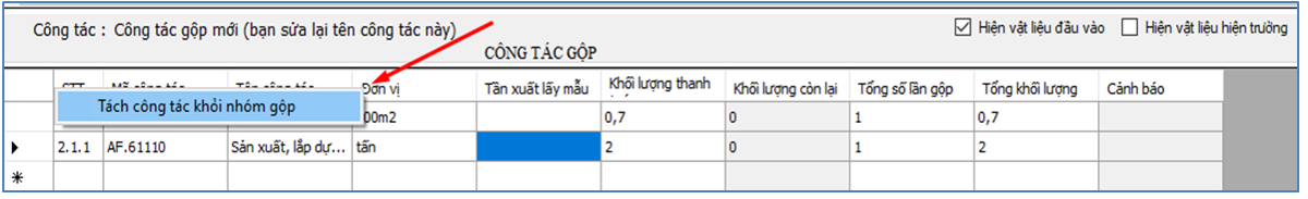 Cách tách hoặc xóa công tác con trong nhóm công tác gộp.