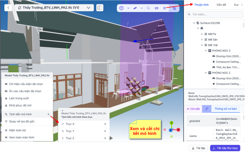 Trình xem 3D, cây thuộc tính và chức năng xem/cắt chi tiết mô hình