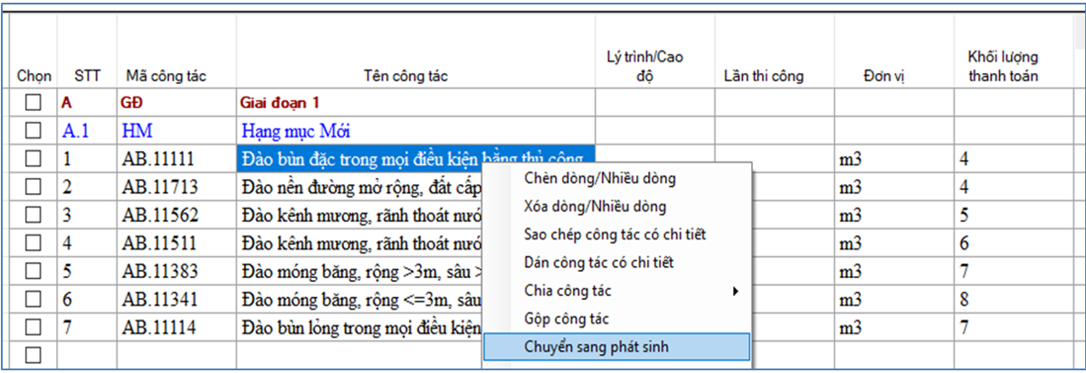 Thao tác chuyển khối lượng hợp đồng sang khối lượng phát sinh.
