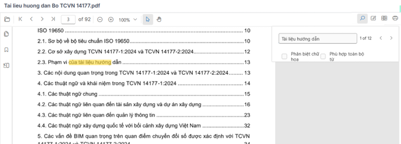 Thanh tìm kiếm nội dung bên trong PDF và kết quả đánh dấu từ khóa trên trang