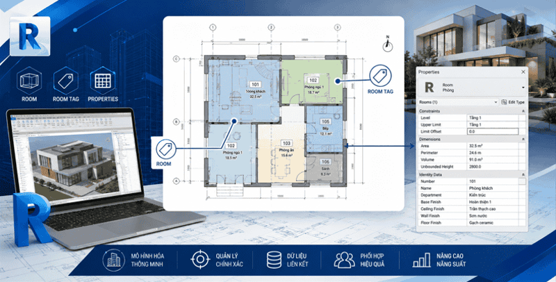 Mặt bằng kiến trúc hiển thị các đối tượng Room, Room Tag và bảng thuộc tính thuộc môn Kiến trúc trong phần mềm Revit