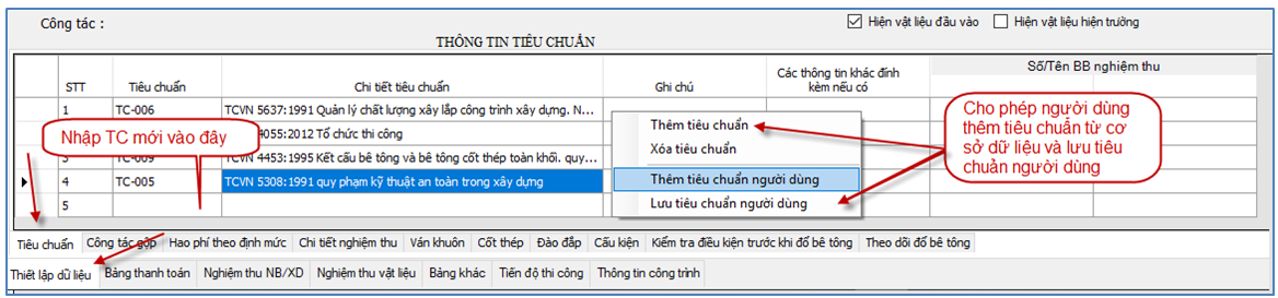 Cách thêm, xóa và lưu tiêu chuẩn nghiệm thu của công tác.