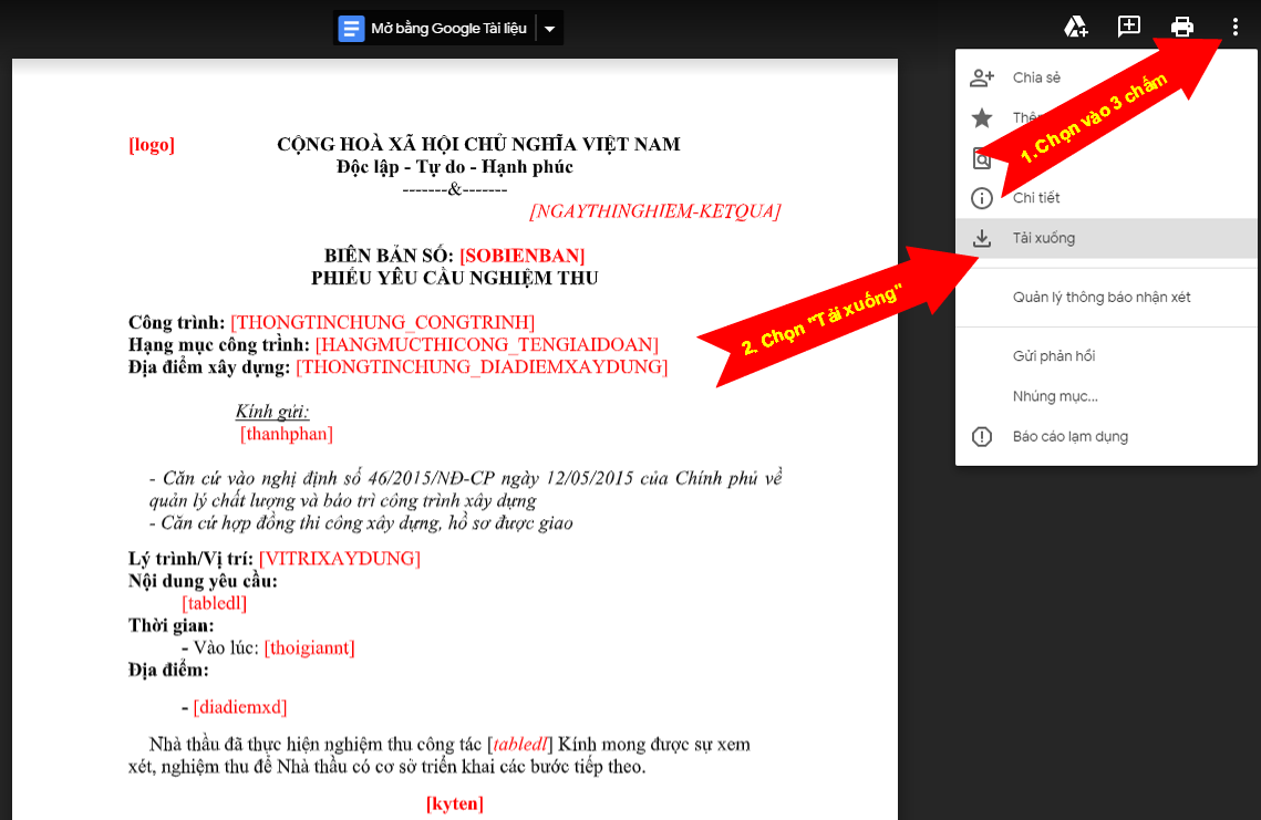Hướng dẫn tải mẫu phiếu yêu cầu nghiệm thu xây dựng từ Google Drive về máy