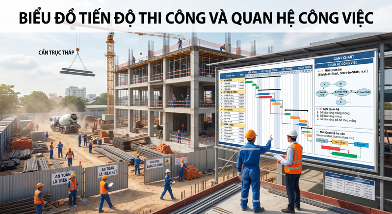 biểu đồ tiến độ thi công và quan hệ công việc