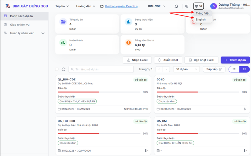 Giao diện chính của BIM Xây dựng 360 và chức năng chuyển đổi Tiếng Việt/English