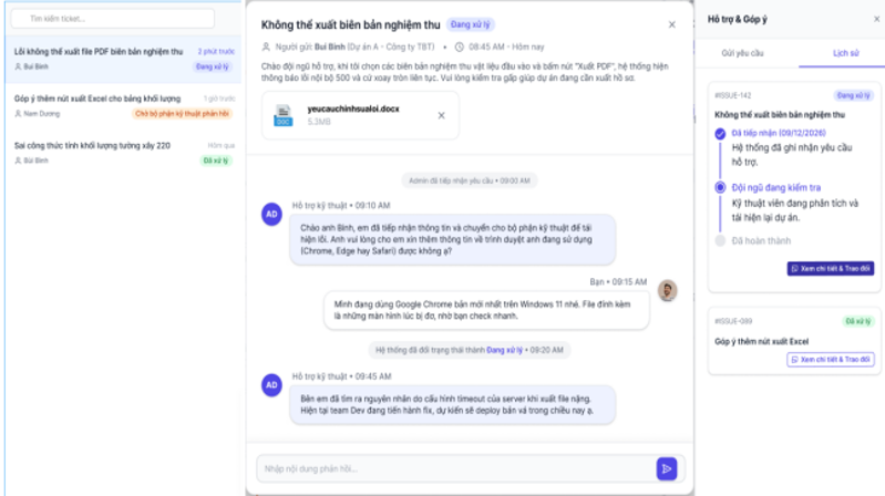 Hệ thống ticket hỗ trợ, trao đổi và lịch sử trạng thái xử lý yêu cầu