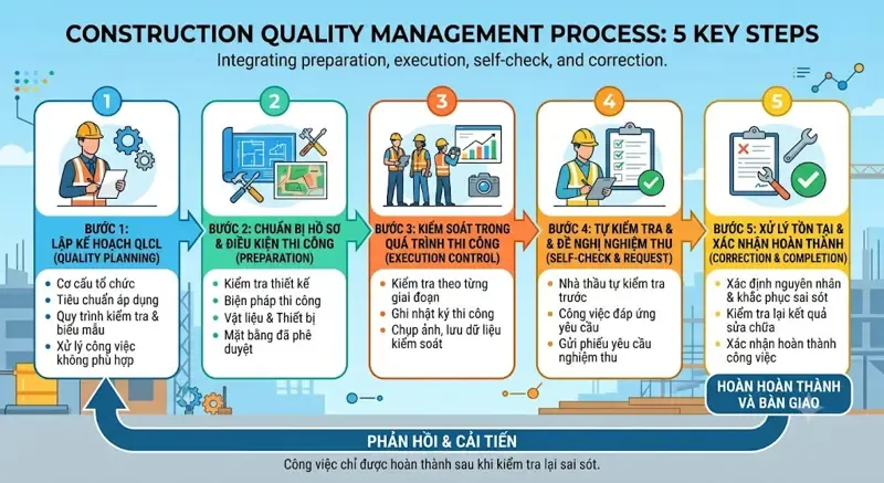 Quy trình quản lý chất lượng thi công gồm những bước nào?