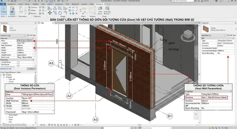 Bản chất liên kết thông tin tham số giữa Đối tượng Cửa (Door) và Vật chủ Tường (Wall) trong không gian BIM 3D