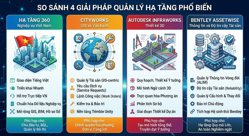 So sánh Hạ tầng 360 Cityworks InfraWorks AssetWise