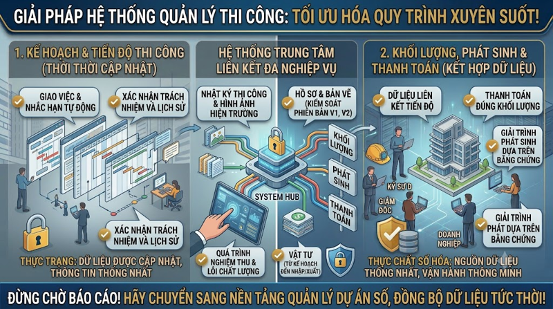 Một hệ thống quản lý thi công cần giải quyết được điều gì?
