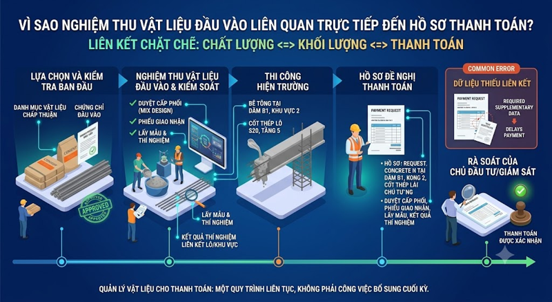 Vì sao nghiệm thu vật liệu đầu vào liên quan trực tiếp đến hồ sơ thanh toán?