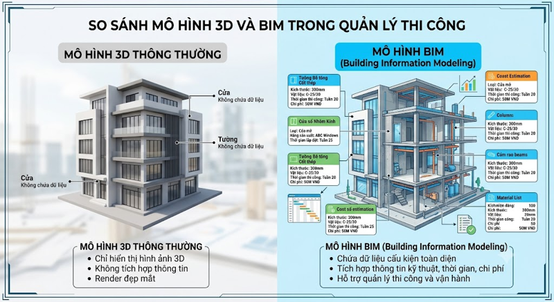 So sánh mô hình 3D và BIM trong quản lý thi công