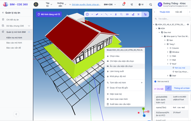 BIM Viewer IFC: chọn cấu kiện, xem cây đối tượng, thuộc tính và các thao tác hiển thị