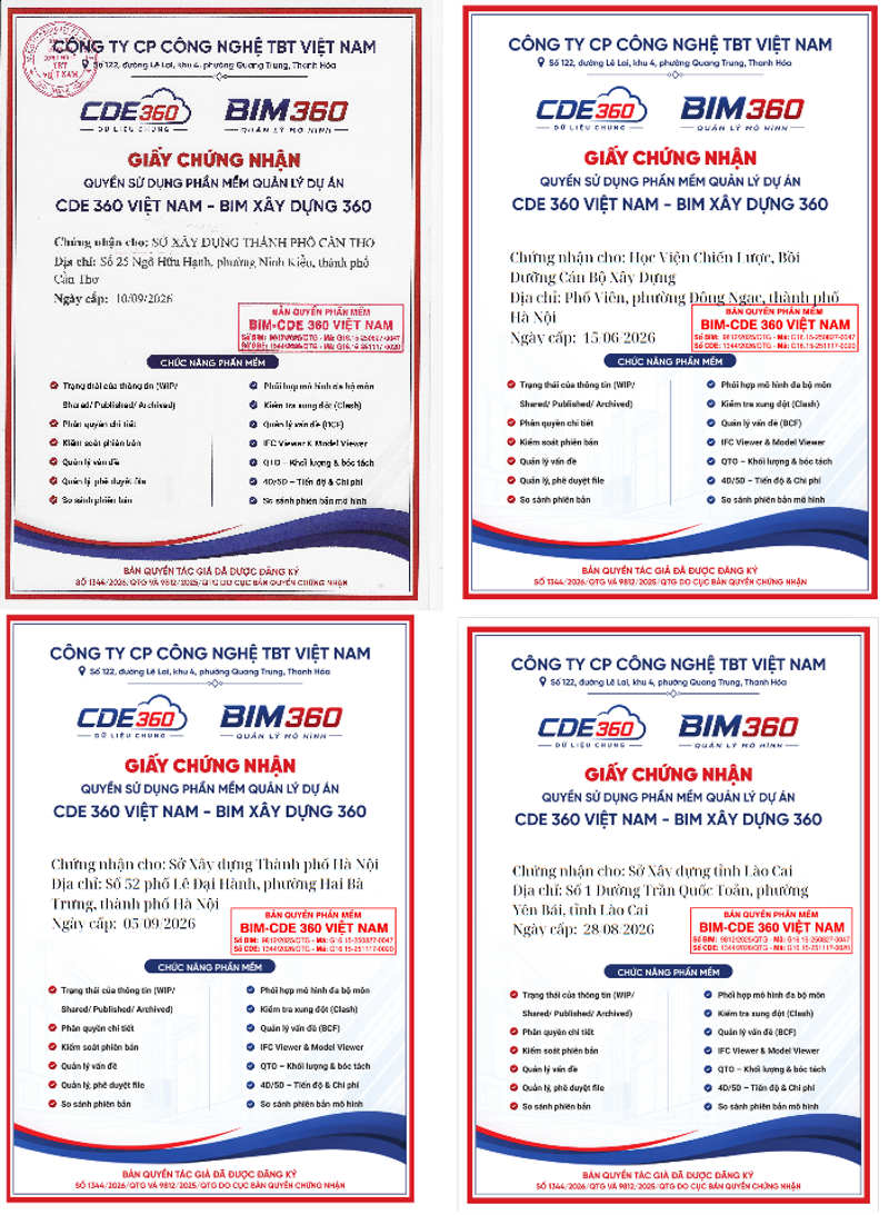 Mẫu chứng nhận quyền sử dụng CDE 360 Việt Nam – BIM Xây Dựng 360 được cấp cho một số đơn vị trong hoạt động triển khai