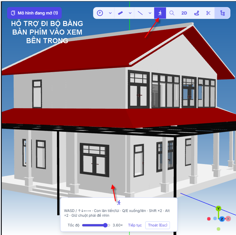Chế độ đi bộ trong mô hình bằng bàn phím để quan sát không gian từ góc nhìn người sử dụng
