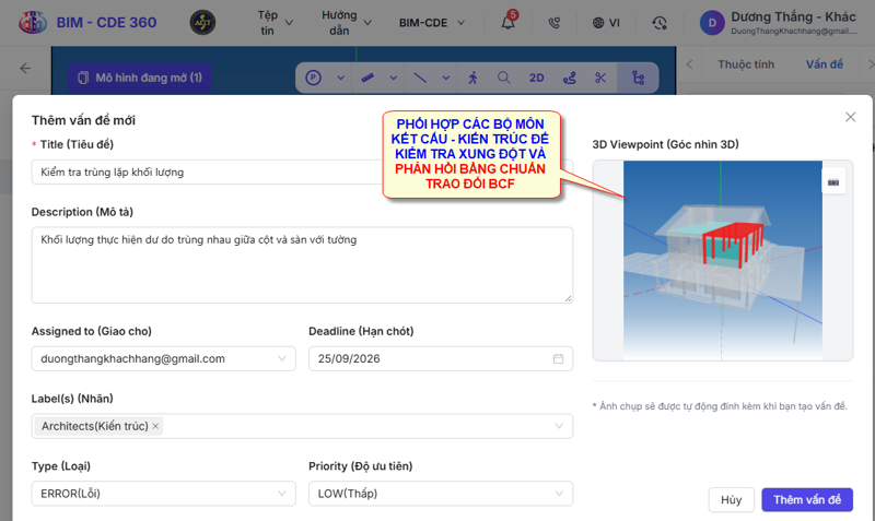 Issue Tracking: mô tả vấn đề, người phụ trách, thời hạn, trạng thái và ảnh nhìn mô hình liên quan