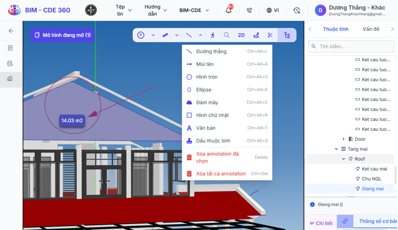 Annotation trên mô hình: đường, mũi tên, đám mây, vùng đánh dấu, văn bản và dấu thuộc tính
