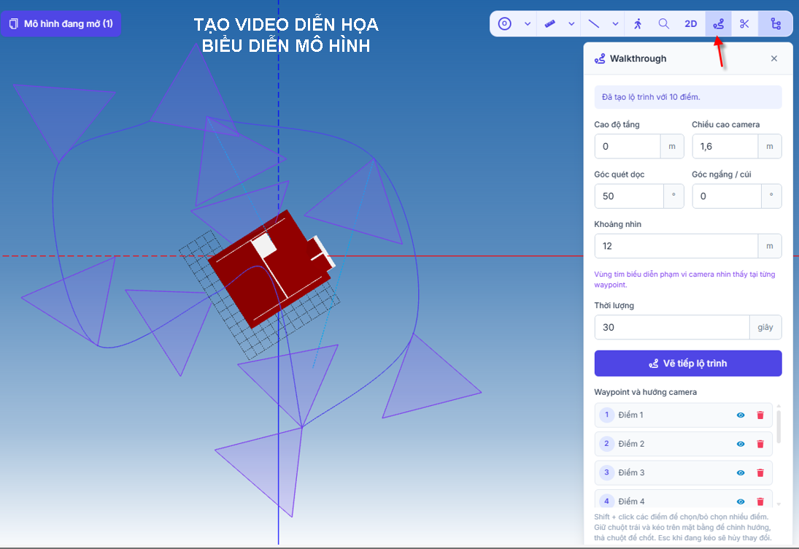 Walkthrough tạo lộ trình camera theo waypoint, cao độ, chiều cao camera, góc nhìn và thời lượng