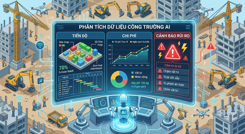 Hình minh họa AI phân tích dữ liệu công trường với các biểu đồ tiến độ, chi phí và cảnh báo rủi ro.