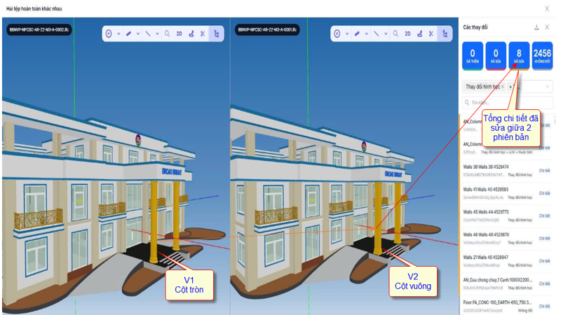 Model Comparison nhận diện thay đổi hình học giữa hai phiên bản mô hình IFC, minh họa thay đổi hình dạng cột