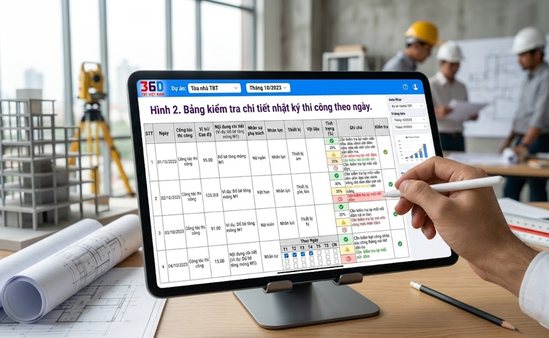 Hình 2. Bảng kiểm tra chi tiết nhật ký thi công theo ngày.