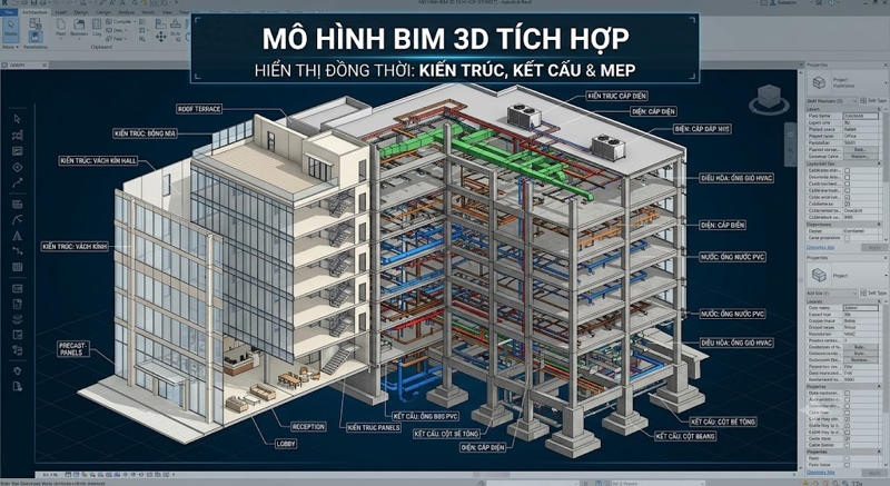 Mô hình BIM 3D của một tòa nhà, hiển thị đồng thời phần kiến trúc, kết cấu và hệ thống điện nước.