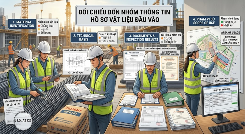 Hồ sơ vật liệu đầu vào cần đối chiếu những nhóm thông tin nào?