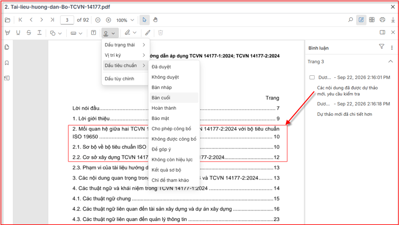 Mở tài liệu PDF, đánh dấu và ghi chú trực tiếp để review hồ sơ trong môi trường CDE