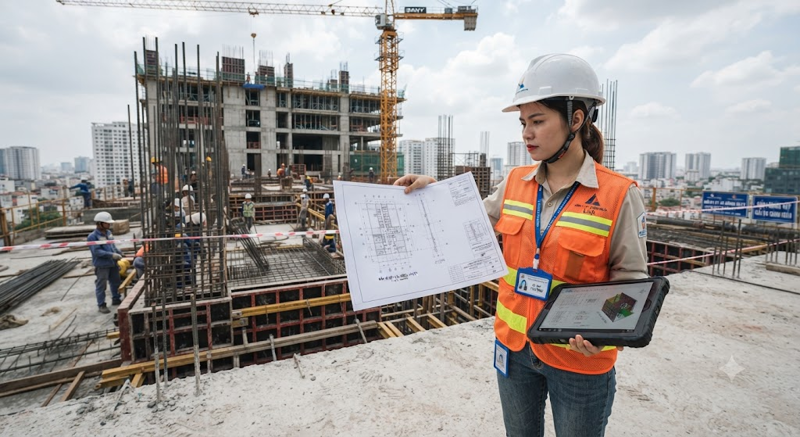  Kỹ sư kiểm tra bản vẽ kỹ thuật phục vụ quản lý chất lượng công trình.