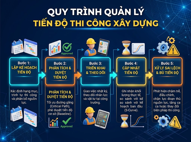 Quy trình quản lý tiến độ thi công xây dựng từ lập kế hoạch đến kiểm soát thực tế.