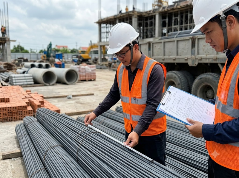 Kiểm tra vật liệu khi tiếp nhận tại công trường.