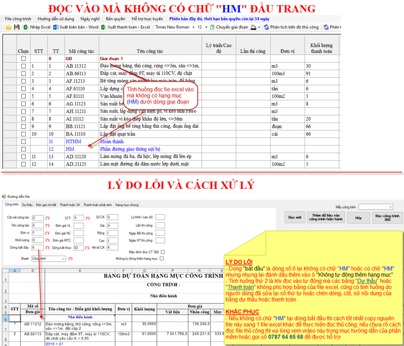 Lỗi không nhận hạng mục HM đầu tiên khi đọc Excel vào phần mềm Nghiệm thu xây dựng 360.